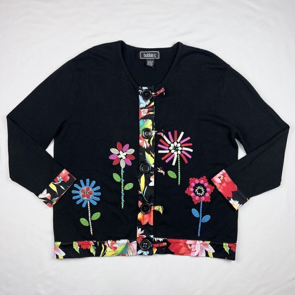 Bobbie C Large Cotton Black Multicolor Floral Embroidered Cardigan Sweater